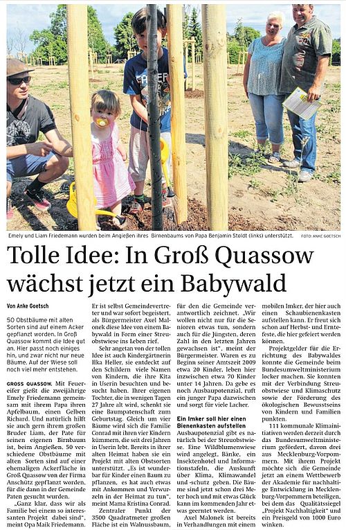 28.05.2018 - Nordkurier (Strelitzer Zeitung): Tolle Idee - In Groß Quassow wächst jetzt ein Babywald
