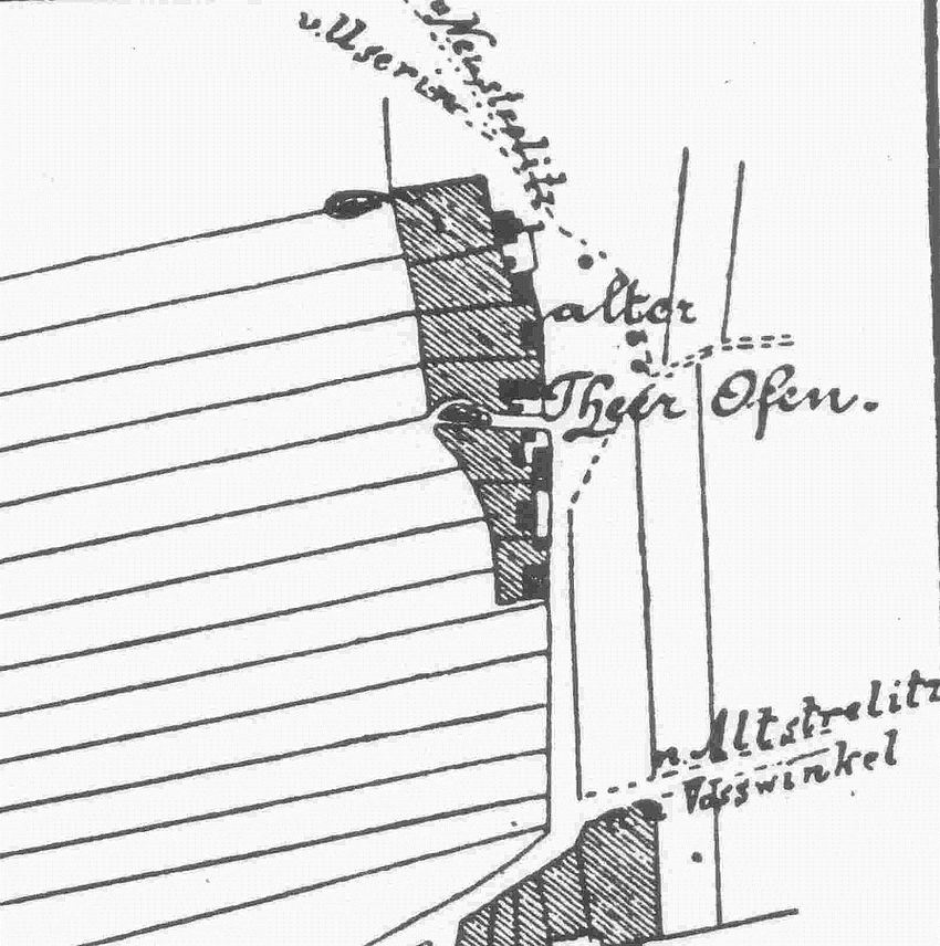 Karte 2: Ausschnitt  aus dem Lageplan von Groß Quassow (1784-86) (Quelle KRÜGER (1921): Kunst- und Geschichts-Denkmäer des Freistaates Mecklenburg-Strelitz Band 1; vermutlich nach WIEBEKIND)